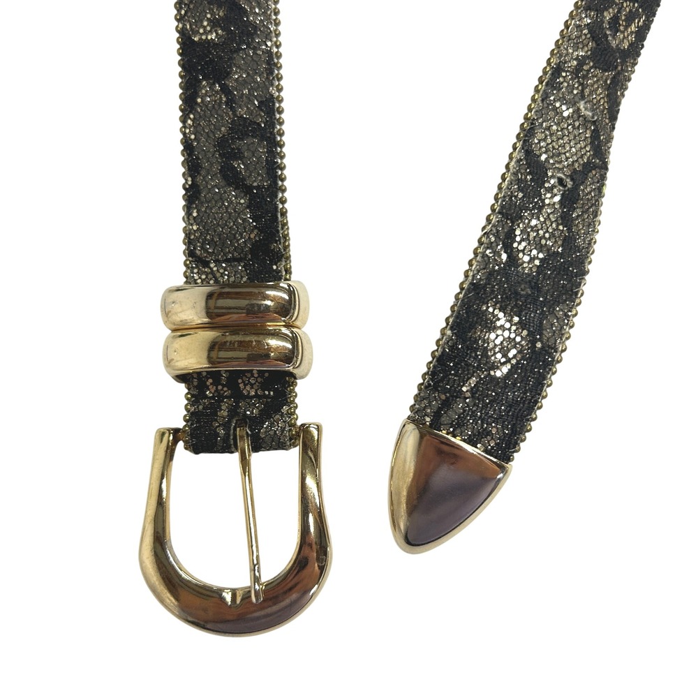 A. Brod Metallic Lace Print Slim Belt Small Gold Black 80s Glam Mob Wife Vintage